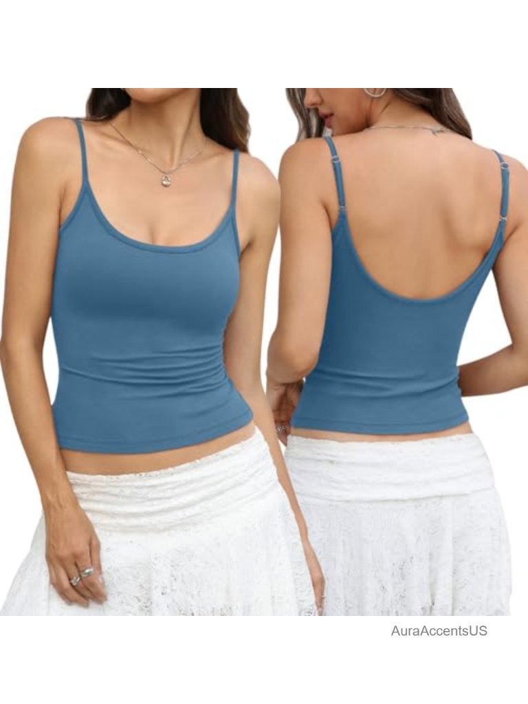 Cotton Scoop Neck Tank Top Adjustable Spaghetti Strap Camisole Fitted Backless